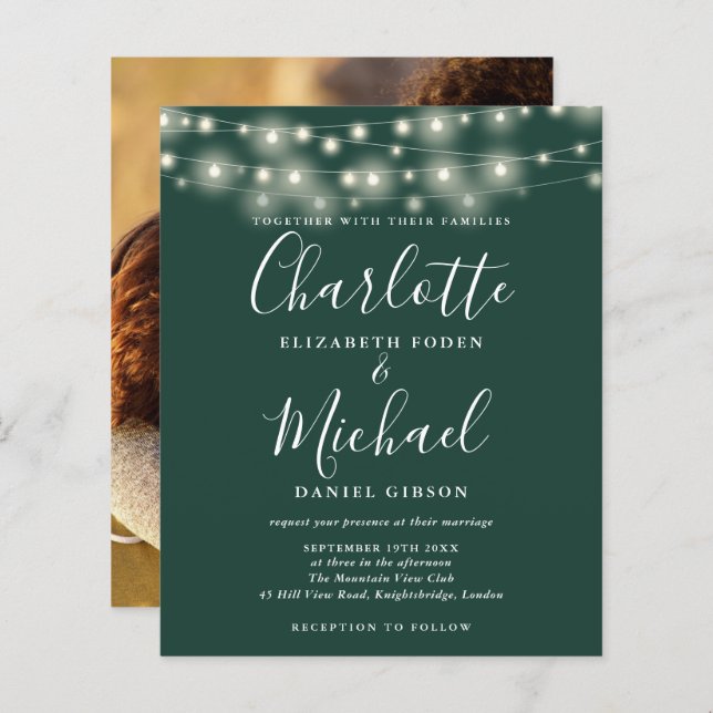 Budget Emerald Ljus fotobröllop - inbjudan (Fram/baksida)