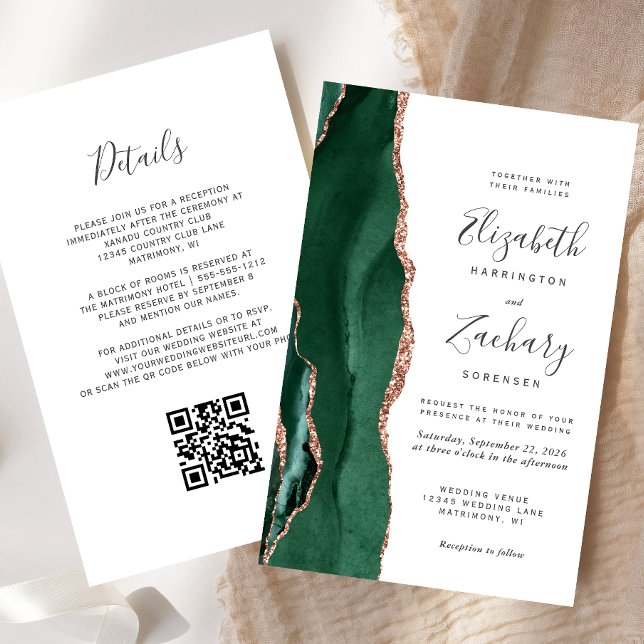 Budget Emerald Rose Gold Agate QR Code Wedding (Skapare uppladdad)