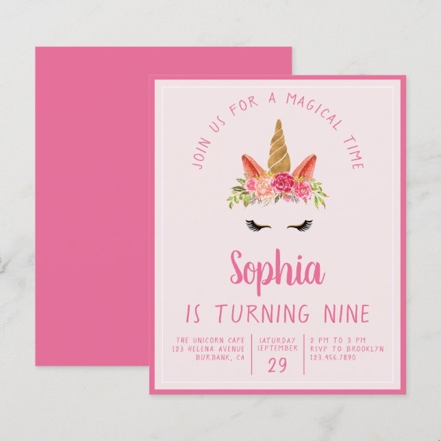 Budget Enhörning Barnkalasinbjudan (Fram/baksida)