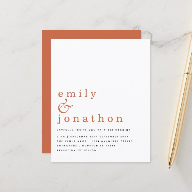 Budget Enkel Text Terrakotta Bröllopsinbjudan (Fram/Back In Situ)