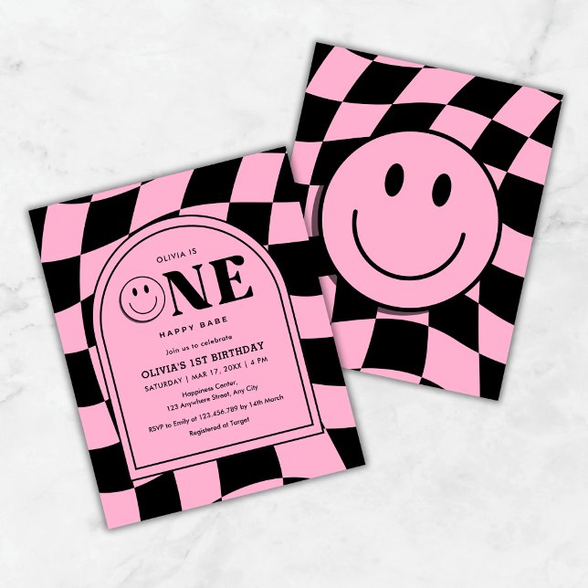 Budget ett Lycklig Babe Rosa 1:a födelsedag Inbjud (Budget One Happy Babe Happy Face Pink Girl 1st Birthday Invitation )