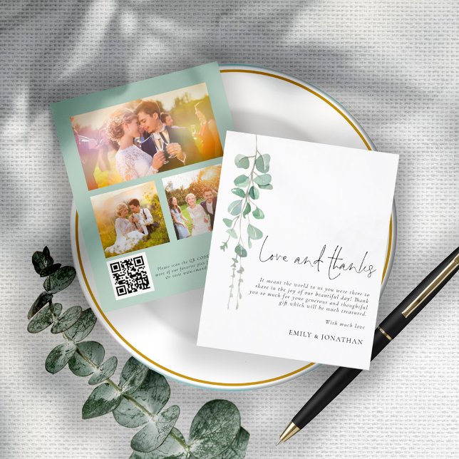 BUDGET Eucalyptus 3-foto QR Bröllop Tack (Front and back view)