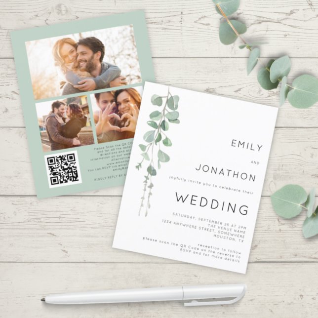 Budget Eucalyptus 3 Foton QR Code Wedding bjudande (Skapare uppladdad)