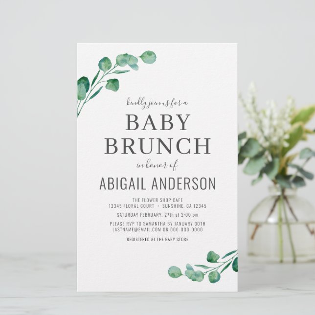 Budget Eucalyptus Baby Brunch Greenery-inbjudan (Stående Fram)