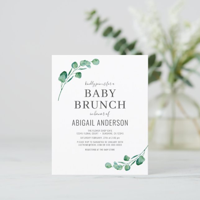 Budget Eucalyptus Baby Brunch Greenery-inbjudan (Stående Fram)