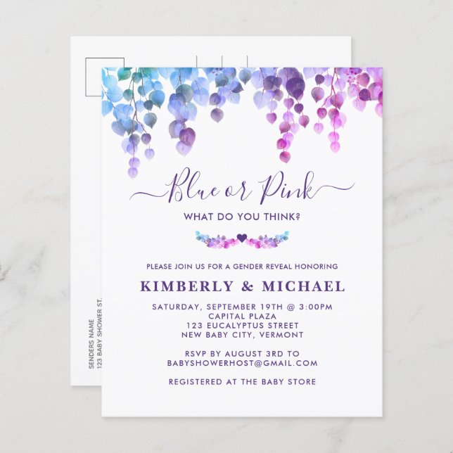 Budget Eucalyptus Baby Gender Reveal Rosa Blue (Fram/baksida)