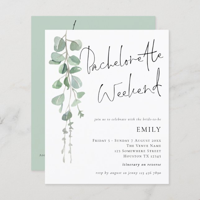 Budget Eucalyptus Bachelorette Helg Inbjudan (Fram/baksida)