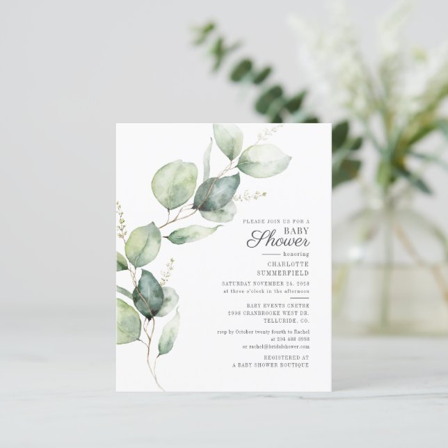 Budget Eucalyptus Botanical Baby Shower-inbjudan (Stående Fram)