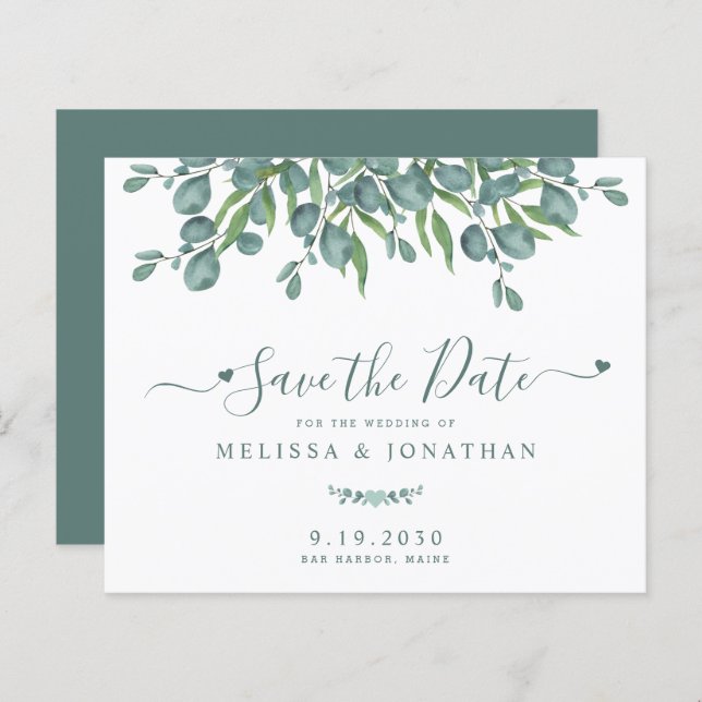 Budget Eucalyptus Botanisk Bröllop Save The Date (Fram/baksida)