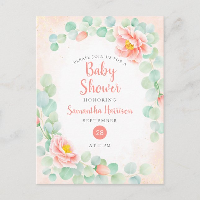 Budget Eucalyptus Foliage Blommigt Peach Baby Show Inbjudan Vykort (Framsida)