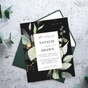Budget Eucalyptus Glow Guld Greenery Bröllop Black Flygblad