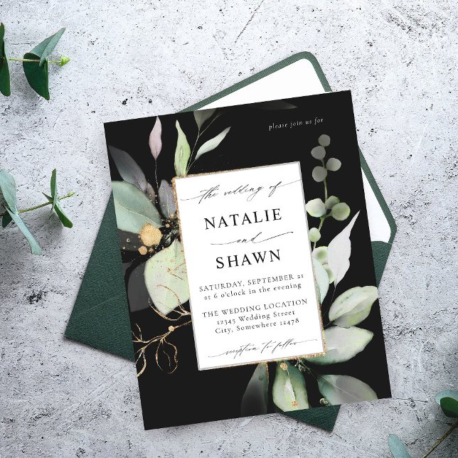 Budget Eucalyptus Glow Guld Greenery Bröllop Black Flygblad (Skapare uppladdad)