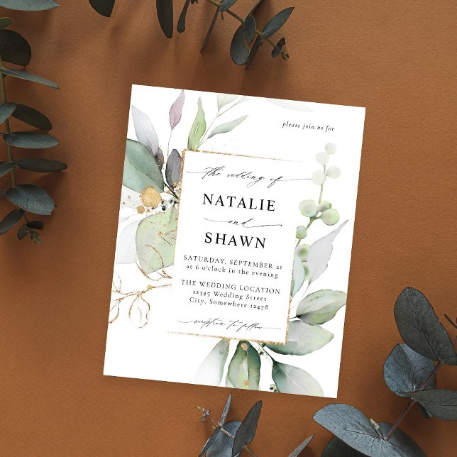 Budget Eucalyptus Glow Guld Greenery Bröllop Flygblad (Skapare uppladdad)