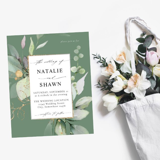 Budget Eucalyptus Glow Guld Greenery Bröllop Olive Flygblad (Skapare uppladdad)