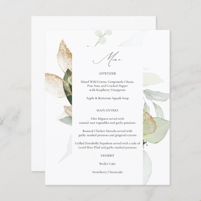 Budget Eucalyptus Glow Guld Greenery Menu (Fram/baksida)