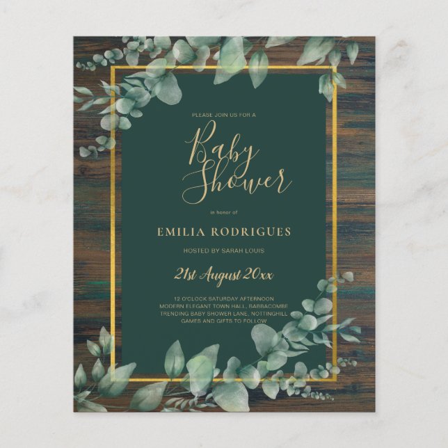 BUDGET Eucalyptus Greenery BABY SHOWER Rustic Flygblad (Framsidan)