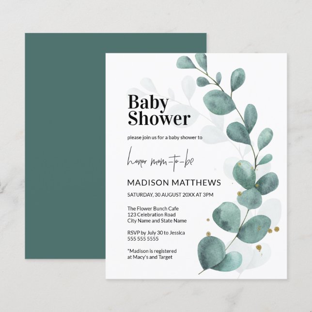 Budget Eucalyptus Greenery Botanical Baby Shower (Fram/baksida)