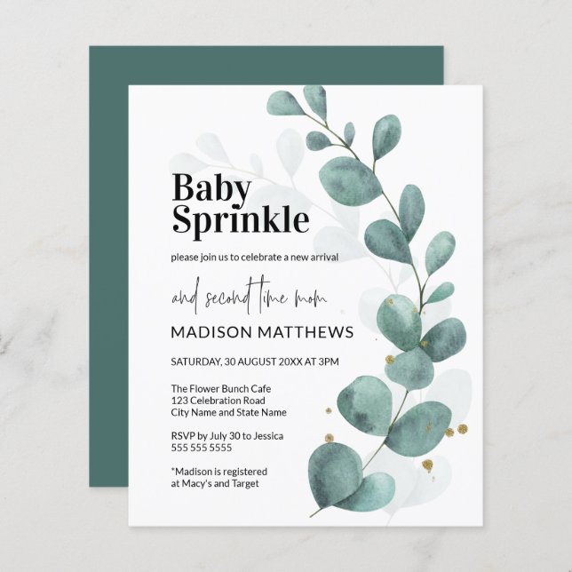 Budget Eucalyptus Greenery Botanical Baby Sprinkle (Fram/baksida)
