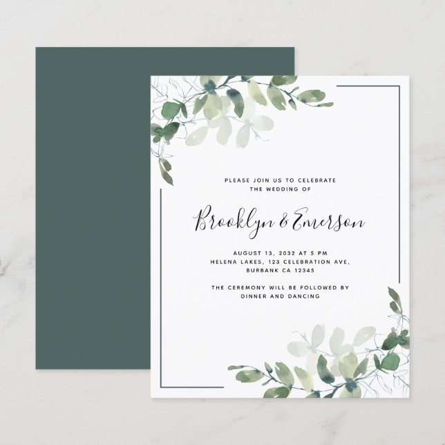 Budget Eucalyptus Greenery bröllopsinbjudan (Fram/baksida)