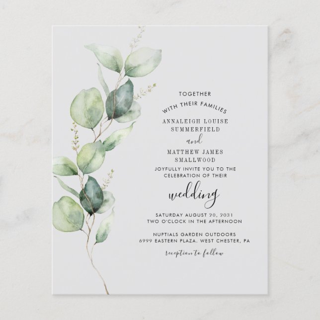 Budget Eucalyptus Greenery Elegant bröllop Inbjuda (Framsida)