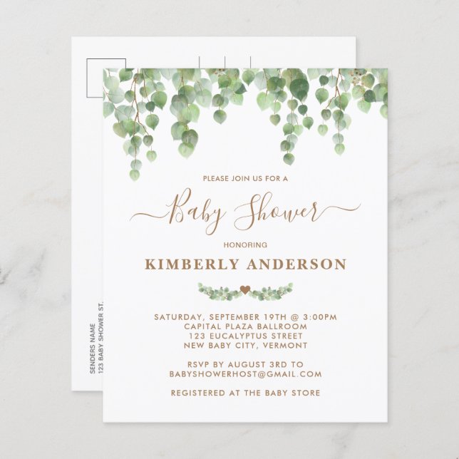 Budget Eucalyptus Greenery Guld Baby Shower Inbjud (Fram/baksida)