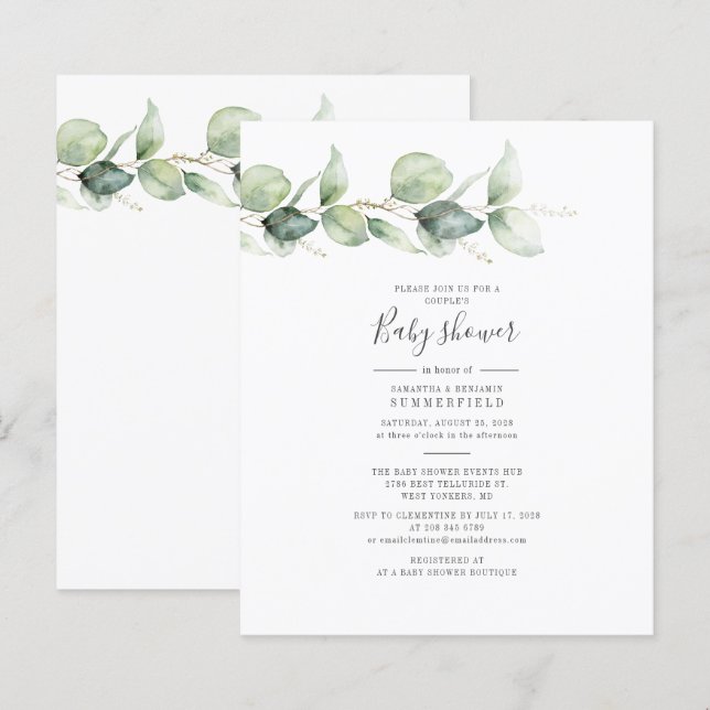 Budget Eucalyptus Greenery Par Baby Shower (Fram/baksida)