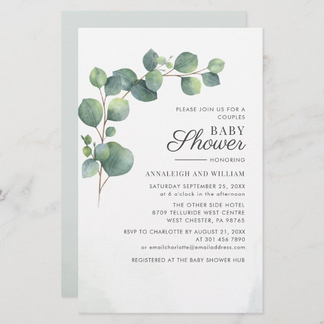Budget Eucalyptus Greenery Par Baby Shower Brevpapper (Fram/baksida)