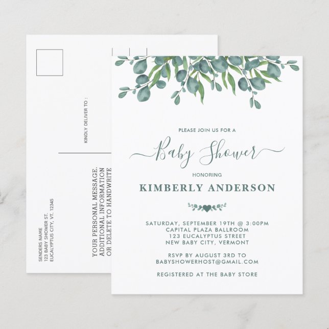 Budget Eucalyptus Greenery Sage Baby Shower Inbjud (Fram/baksida)
