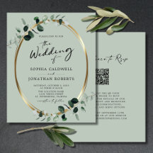 Budget Eucalyptus Guld QR Code Sage Wedding bjudan
