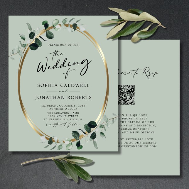 Budget Eucalyptus Guld QR Code Sage Wedding bjudan (Budget Wedding Invitation QR Code RSVP Eucalyptus Gold Modern Calligraphy)