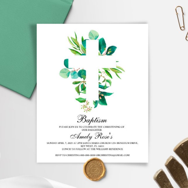 Budget Eucalyptus Leaves Cross Baptism Invitation (Skapare uppladdad)
