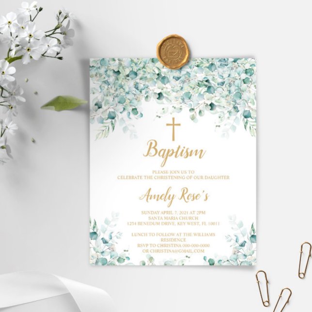 Budget Eucalyptus Löv Baptism-inbjudan (Skapare uppladdad)