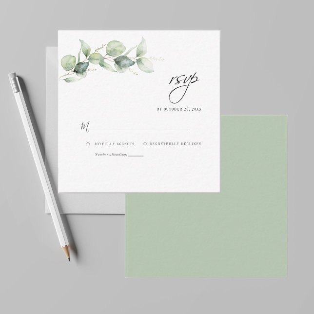 Budget Eucalyptus Löv Greenery Bröllop OSA Anteckningskort (Minimalist Eucalyptus Wedding RSVP Mini Card)