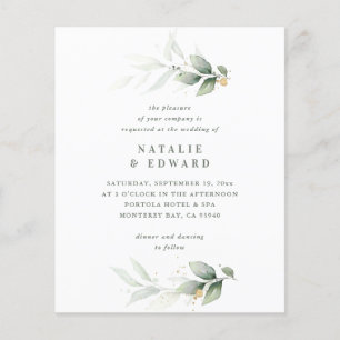 budget Eucalyptus modern minimal elegant bröllop Flygblad