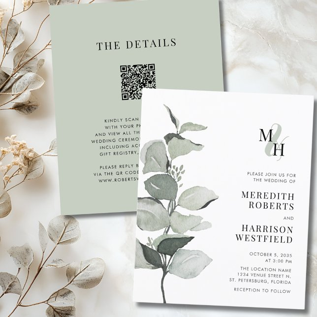 Budget Eucalyptus Monogram bröllopsinbjudan (Budget Eucalyptus Ampersand Monogram QR Code Wedding Invitation)