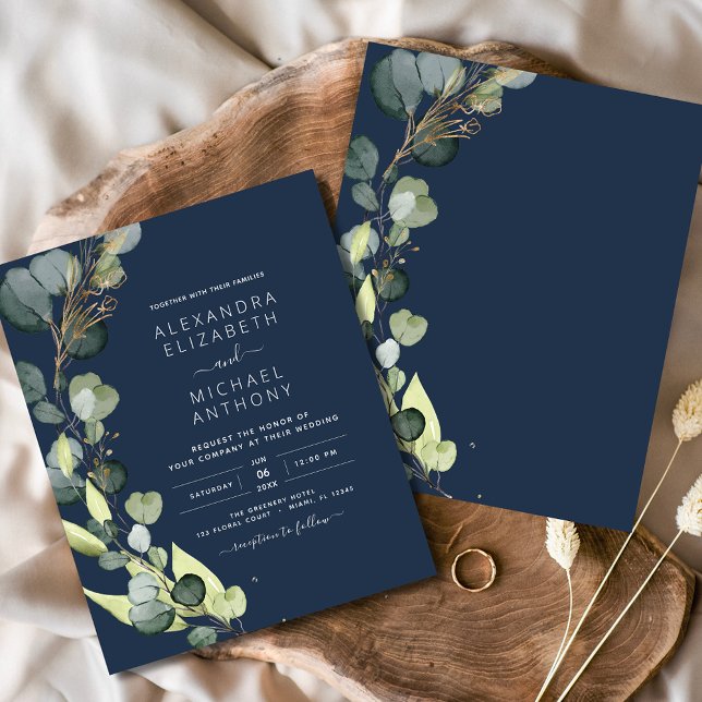 Budget Eucalyptus Navy Blue Greenery Bröllop Flygblad (Skapare uppladdad)