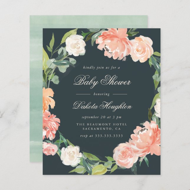 Budget Eucalyptus & Peonies Grått Baby Shower (Fram/baksida)