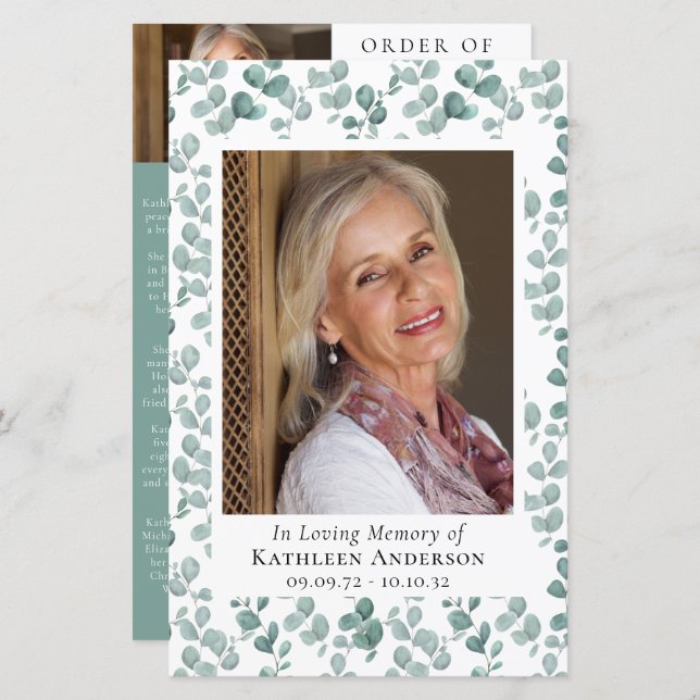 BUDGET Eucalyptus Photo Memorial Service Program (Fram/baksida)