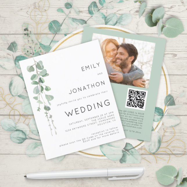 Budget Eucalyptus Photo QR Code Wedding bjudande (Skapare uppladdad)