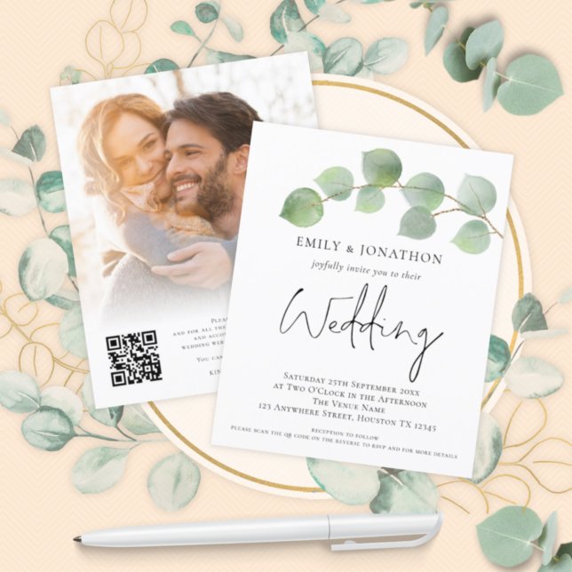 BUDGET Eucalyptus Photo QR Code Wedding bjudande (Skapare uppladdad)