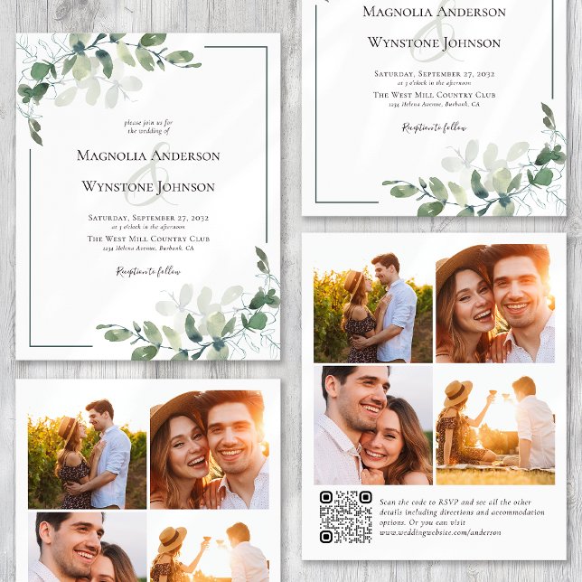 Budget Eucalyptus Photo QR Code Wedding bjudande (Skapare uppladdad)