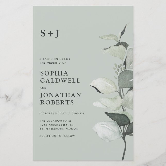 Budget Eucalyptus QR Code Monogram bröllopsinbjuda (Framsida)