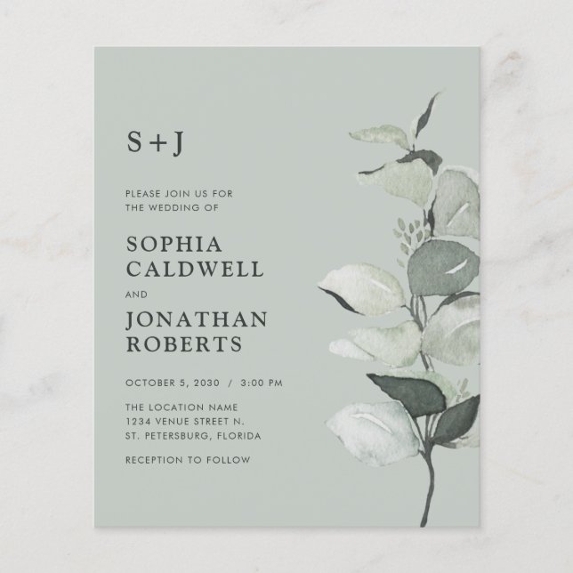 Budget Eucalyptus QR Code Monogram bröllopsinbjuda (Framsida)