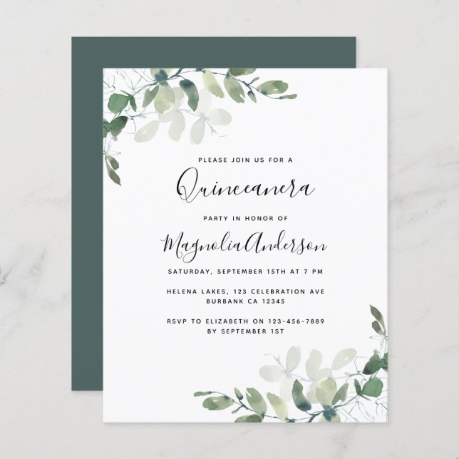 BUDGET Eucalyptus Quinceanera-inbjudningar till pa (Fram/baksida)
