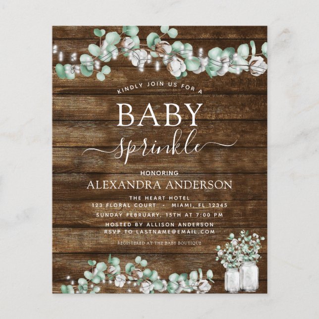 Budget Eucalyptus Rustic Wood Baby Sprinkle Ljus (Framsida)