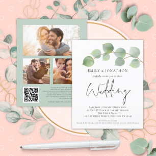 BUDGET Eucalyptus Script 3-foto QR-bröllopsinbjuda