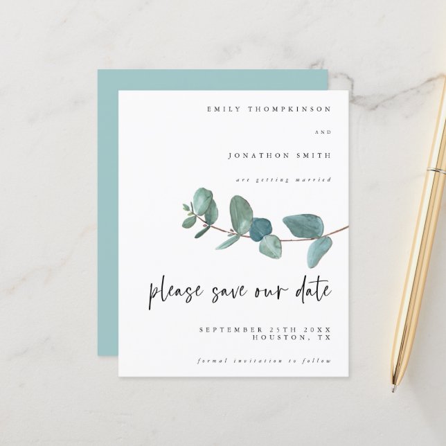 Budget Eucalyptus Script Bröllop Spara Datum (Fram/Back In Situ)