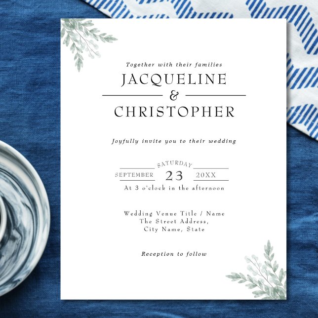 Budget Eucalyptus Simple Modern bröllopsinbjudan Flygblad (Skapare uppladdad)