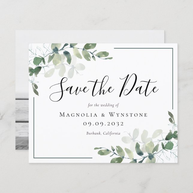 BUDGET Eucalyptus Watercolor Bröllop spara datum (Fram/baksida)