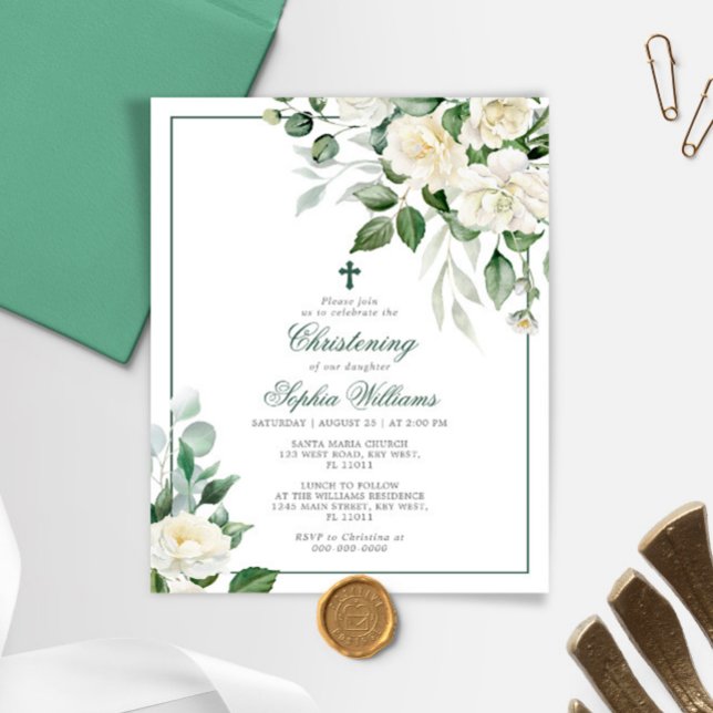 Budget Eucalyptus White Christening-inbjudan (Skapare uppladdad)